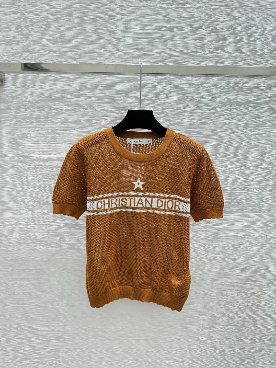 Dior 2026 Mesh Knit Short-Sleeve Top Brown and White Wool 341180