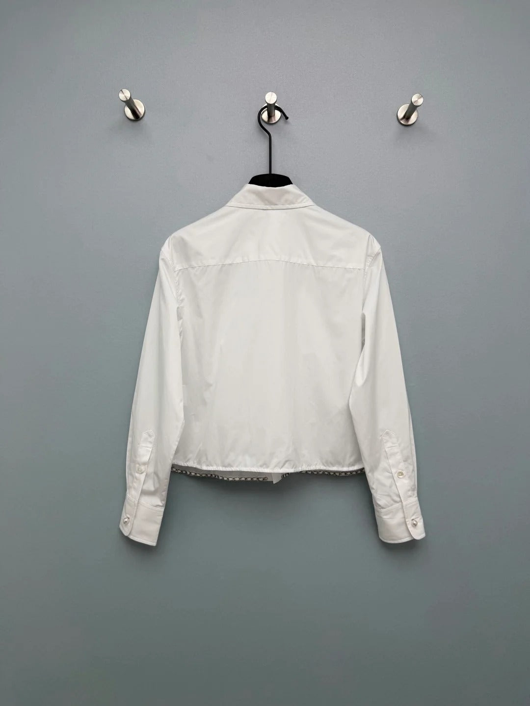 Chanel 2026 Pearl Button Chain Trim Short Shirt White Cotton 213056