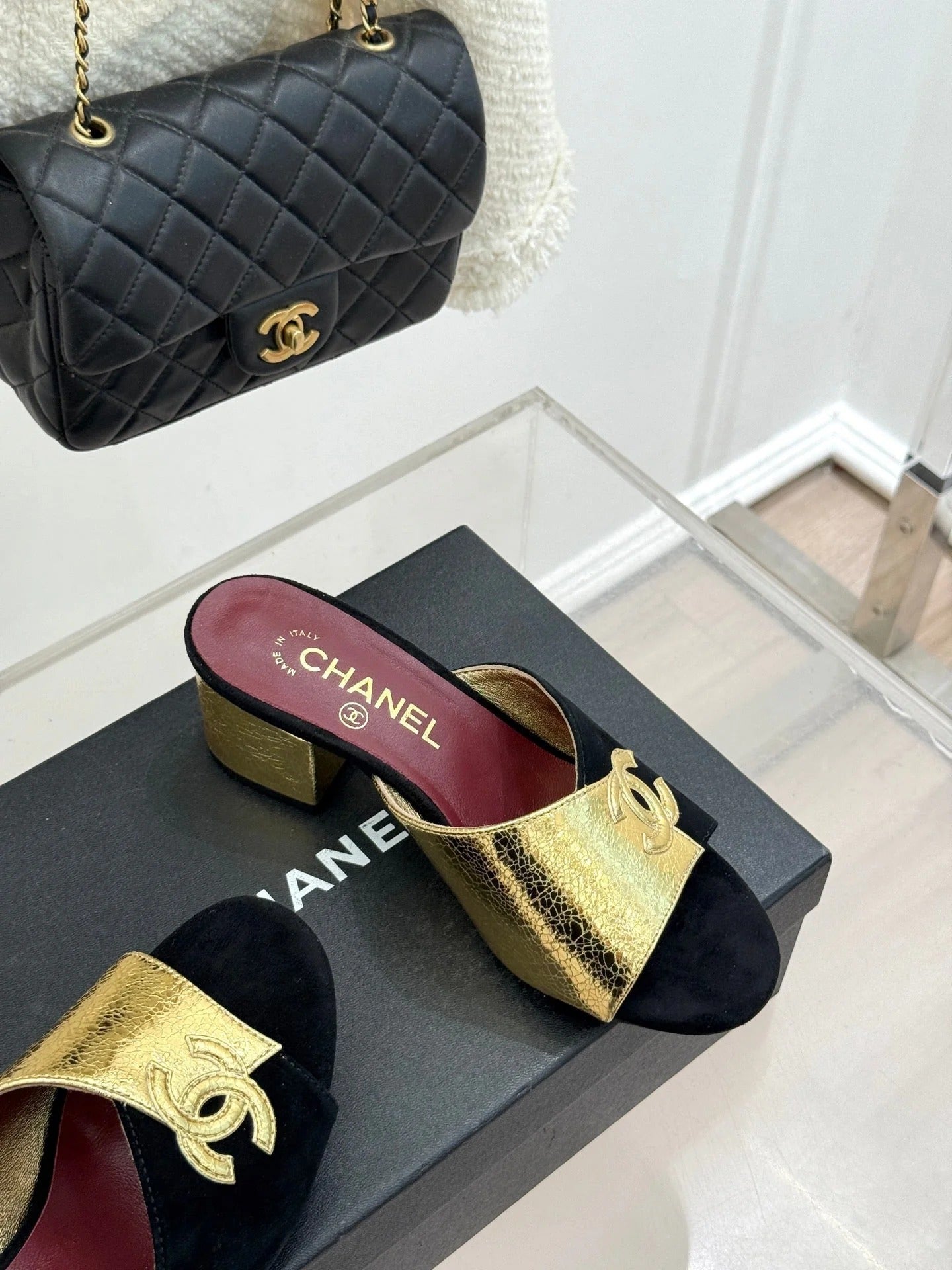 CC 26S Double C Patchwork Sandal 50 Black Gold in Custom leather 706377