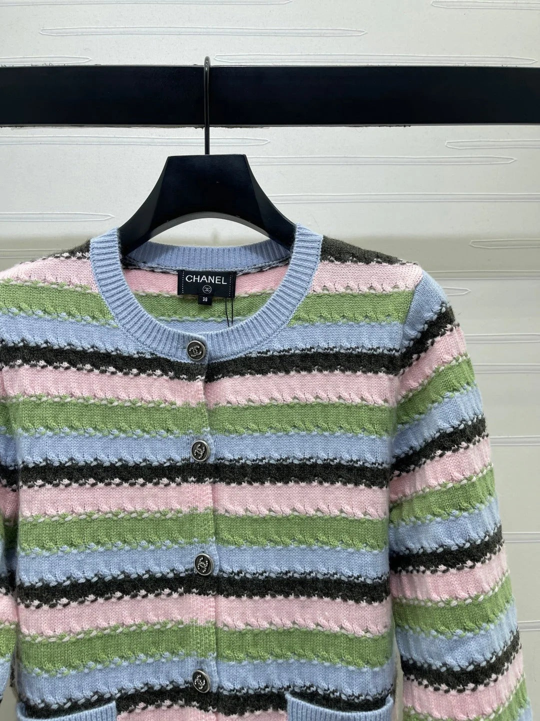 Chanel 2026 Striped Cardigan Blue Pink Green Wool 417669