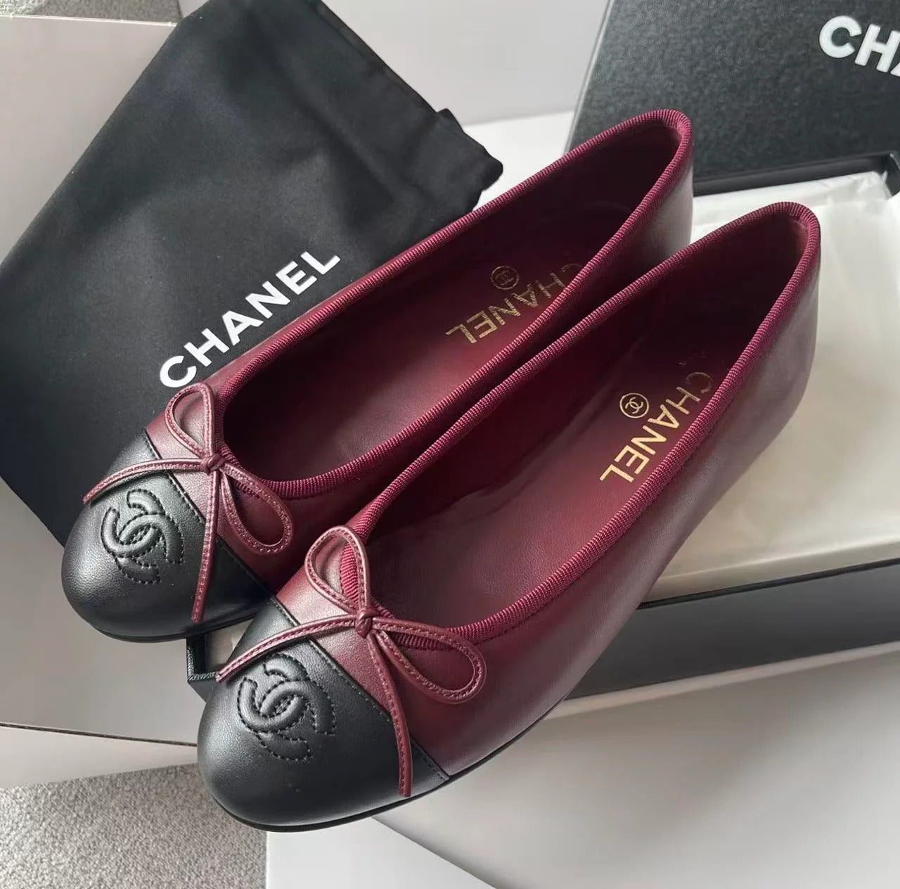 Chanel 2026 Ballet Flat Burgundy Mix Black Lambskin