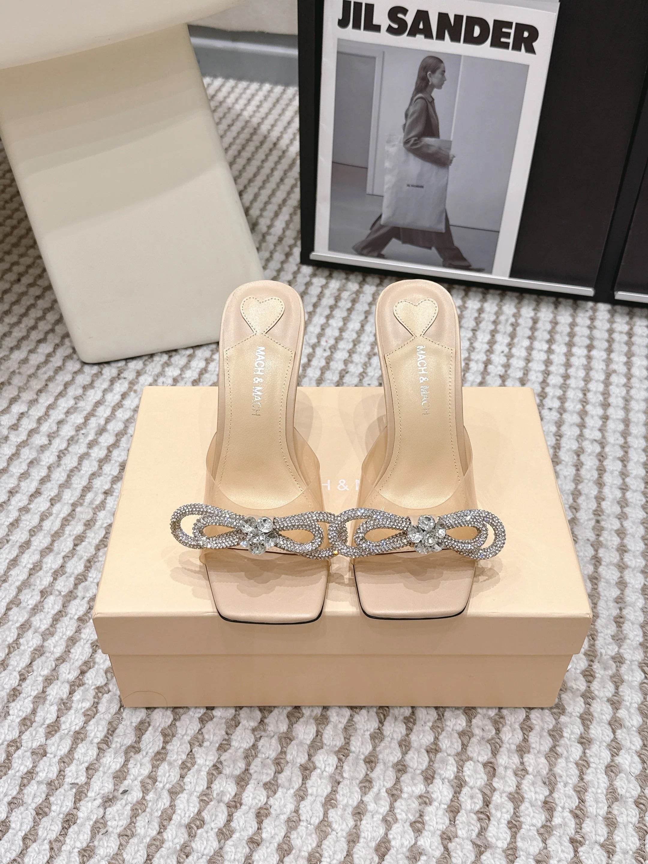 Mach & Mach 26 High Heels Crystal Sandals 95 Beige in Leather 722819