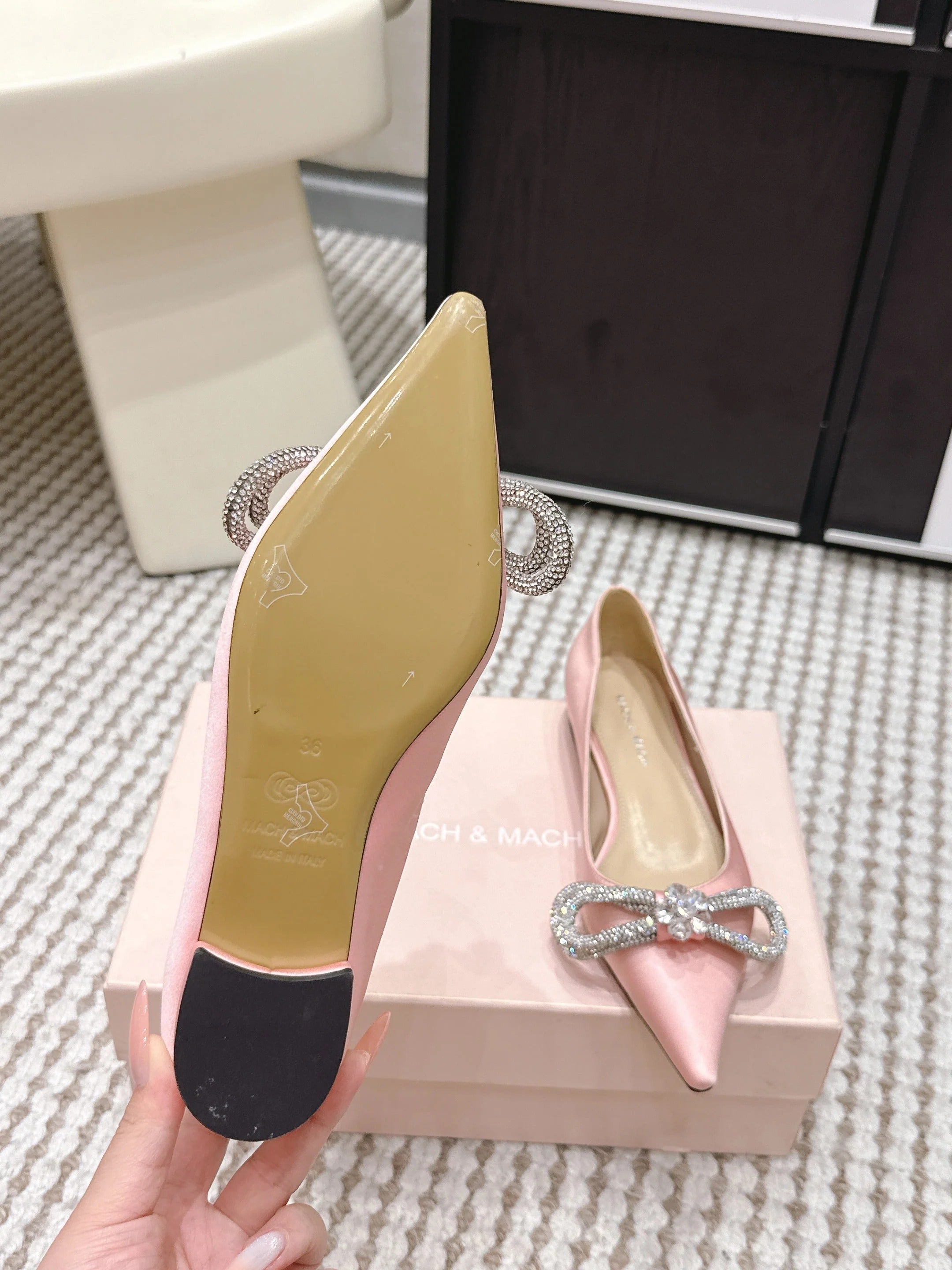 Mach & Mach 26SS Rhinestone Bow Flats Light Pink in Silk 722450