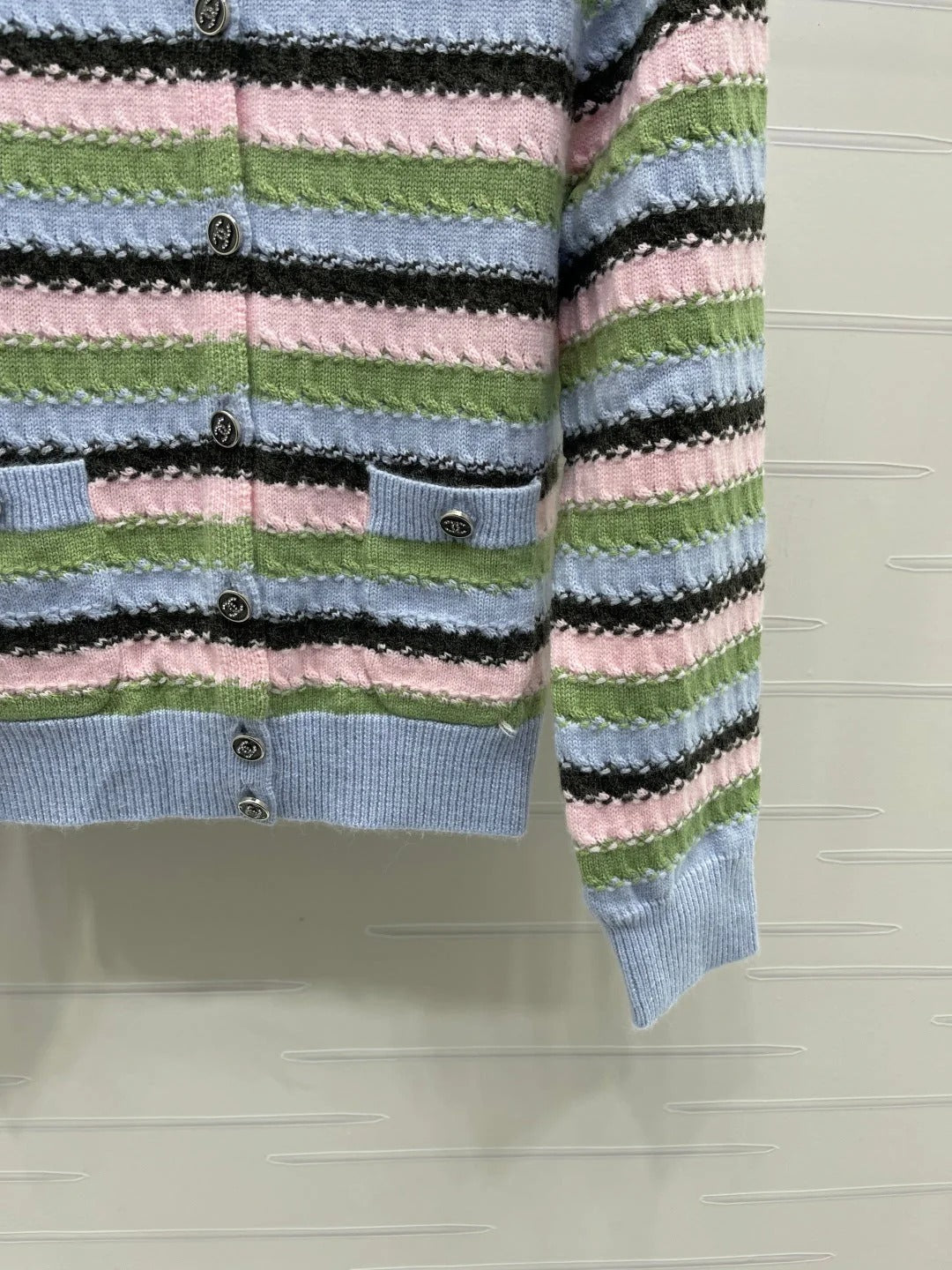 Chanel 2026 Striped Cardigan Blue Pink Green Wool 417669