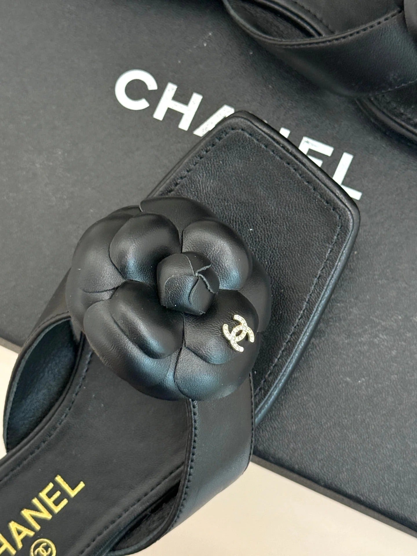 Chanel 26 Camellia Flip-Flops Black in Cowhide 706386