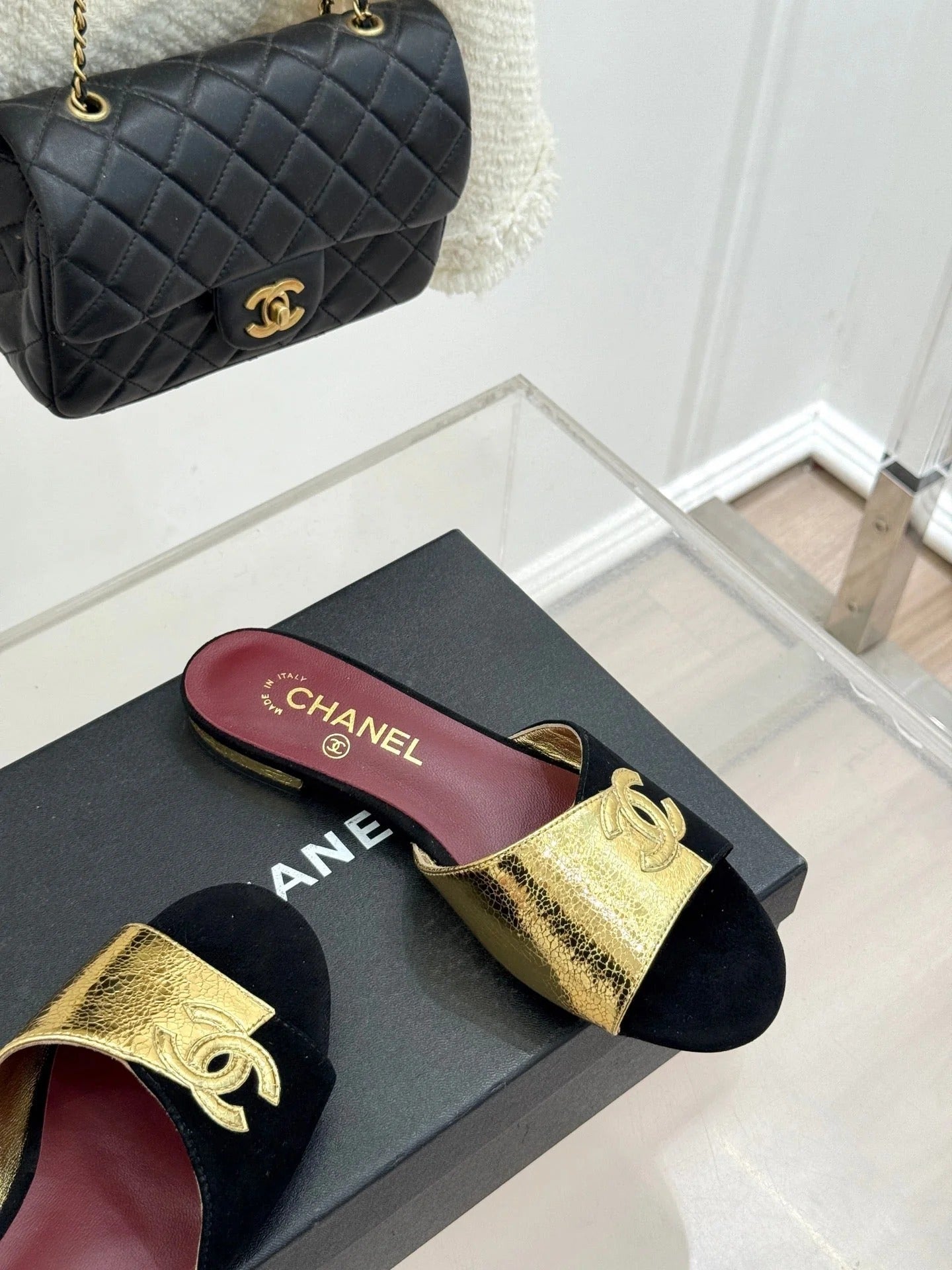 CC 26S Double C Patchwork Sandal Black Gold in Custom leather 706373