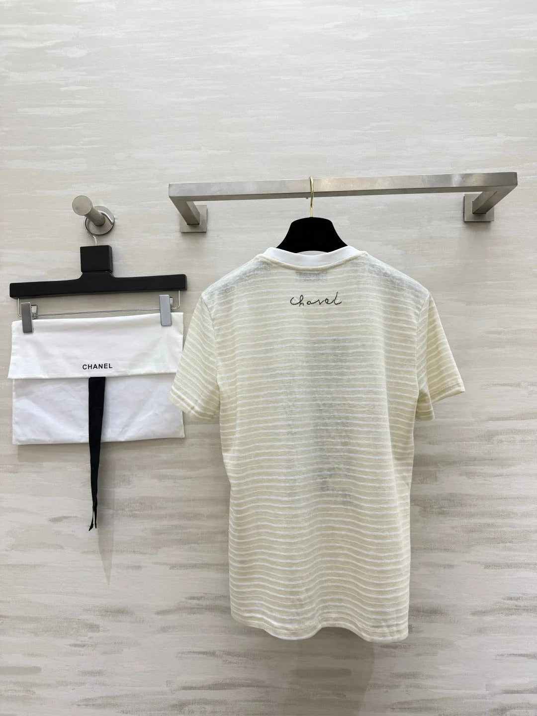 Chanel 2026 Striped Print Short-Sleeve T-Shirt Cream Blue Green Cotton