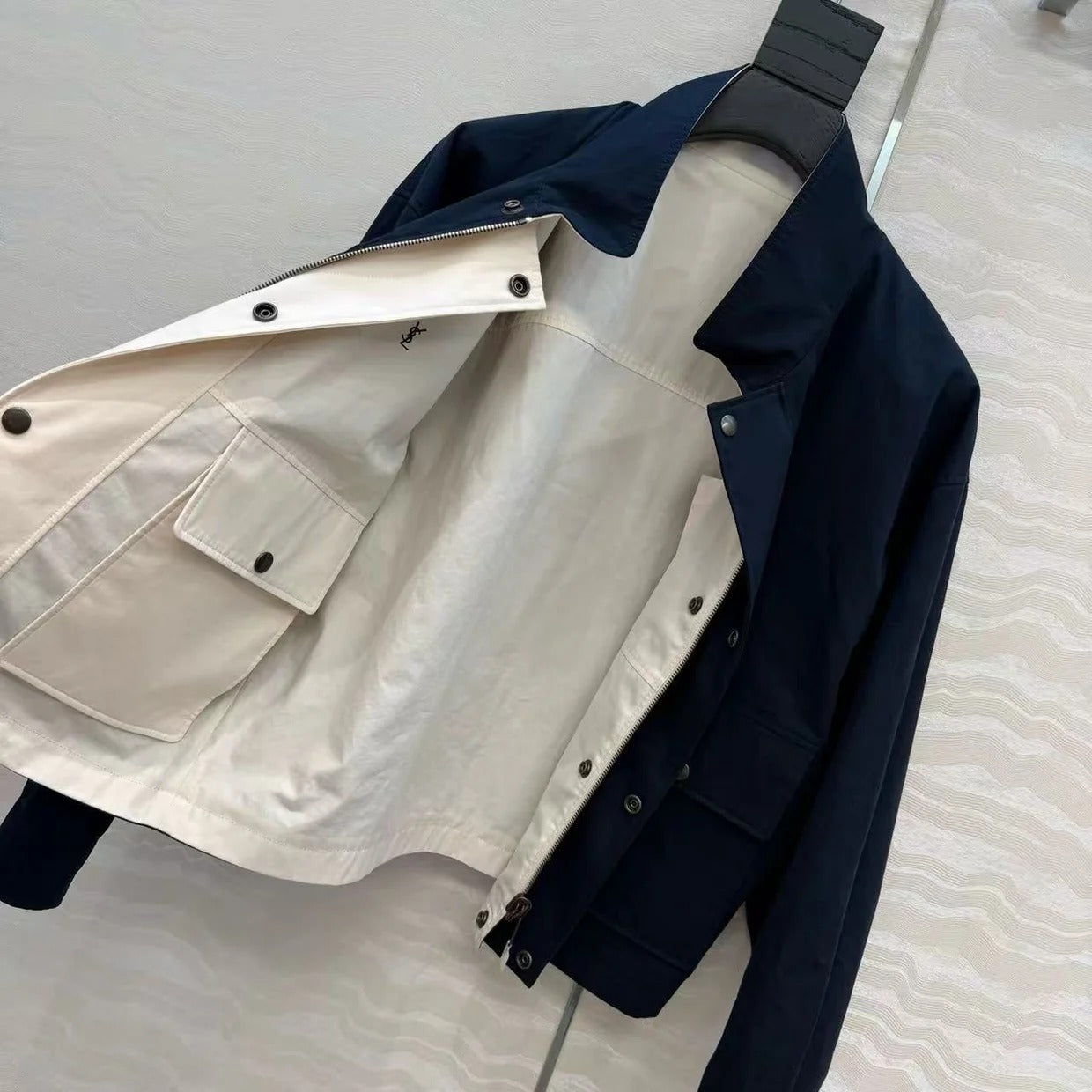 YSL 2026 Cassandre Reversible Jacket White Mix Navy Blue Cotton