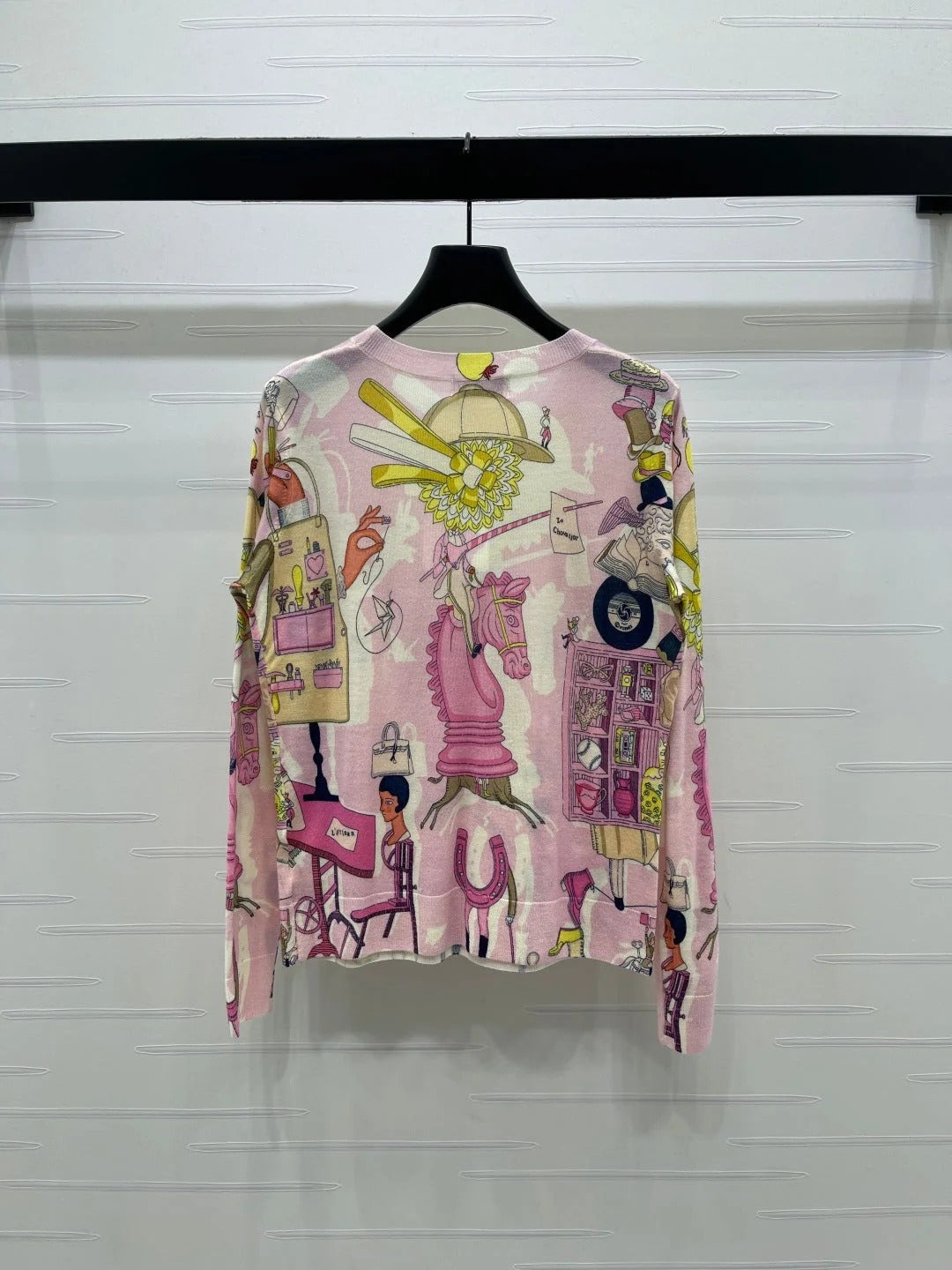 Hermes 2026 Printed Crew Neck Knit Long Sleeve Top Pink Wool 417087