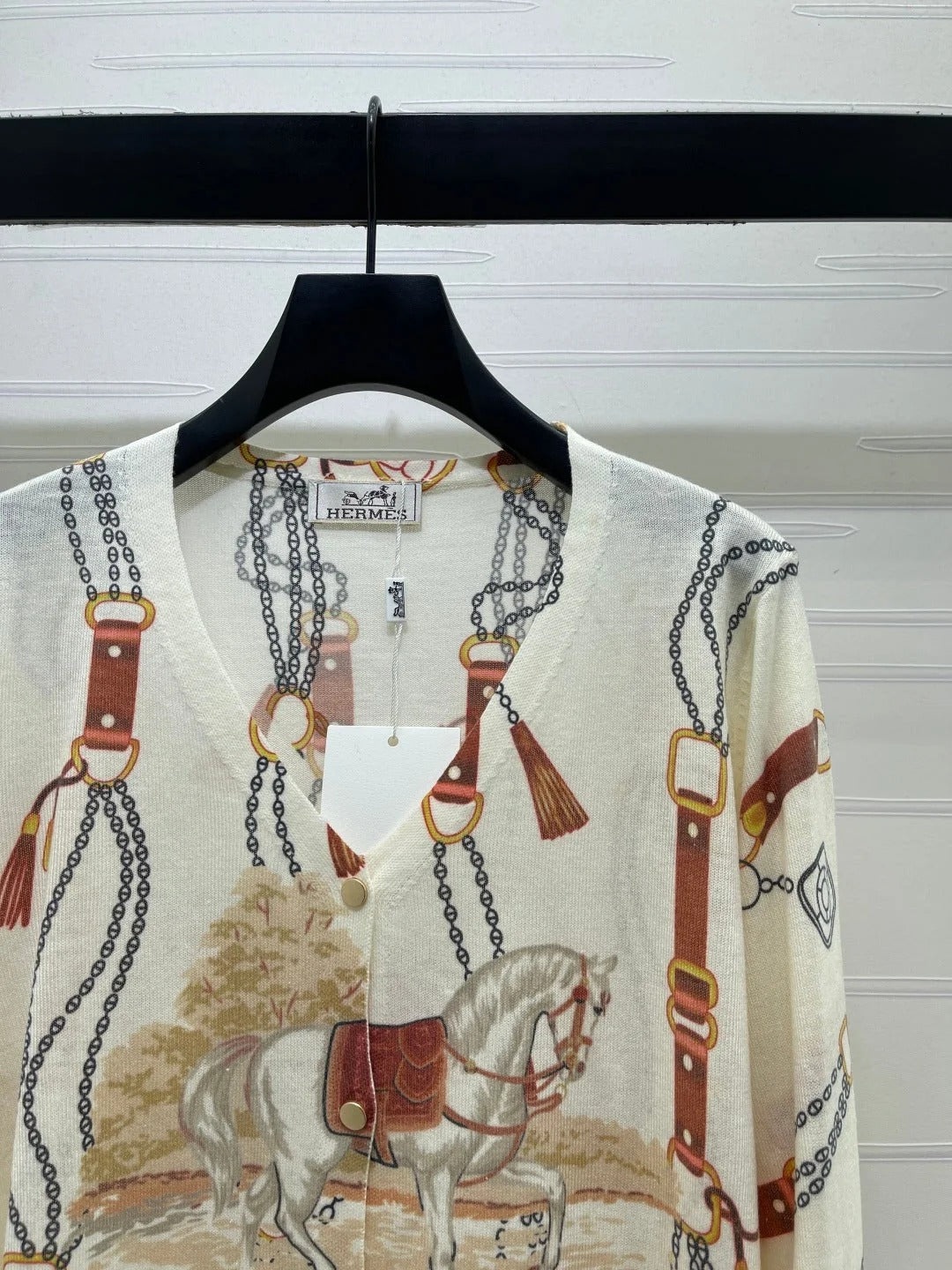 Hermes 2026 V-neck Printed Long-sleeved Cardigan Cream mix Colors Wool 417073