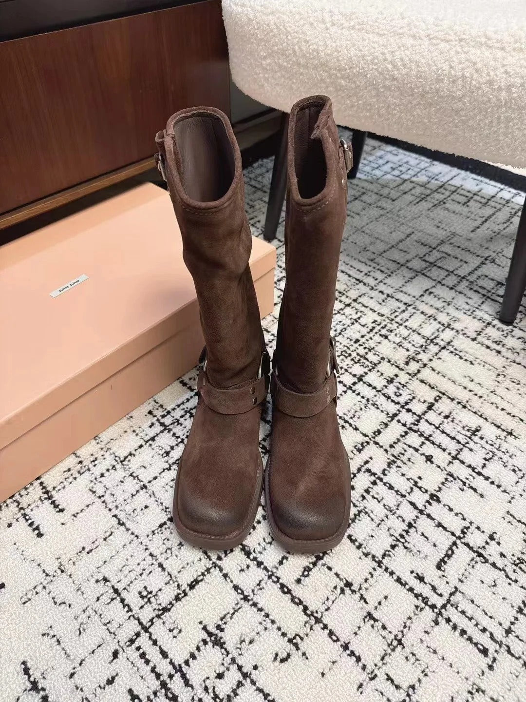 Miumiu 2026 High-Top Biker Boots Suede Calfskin 952185