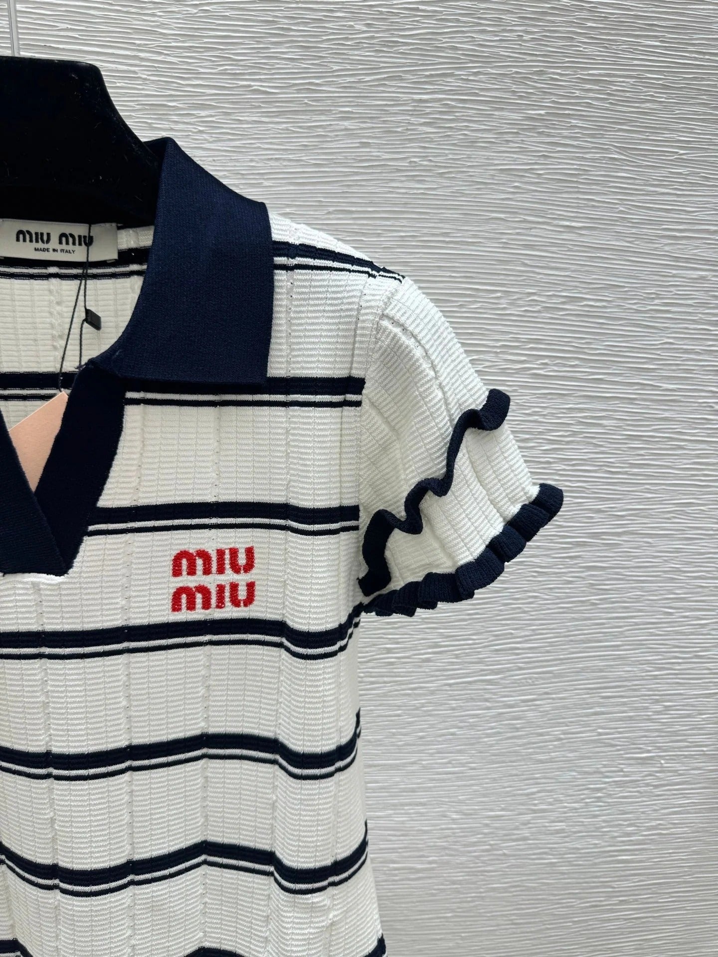 Miumiu 2026 Striped Knit Short-sleeved Top With Peter Pan Collar 258872
