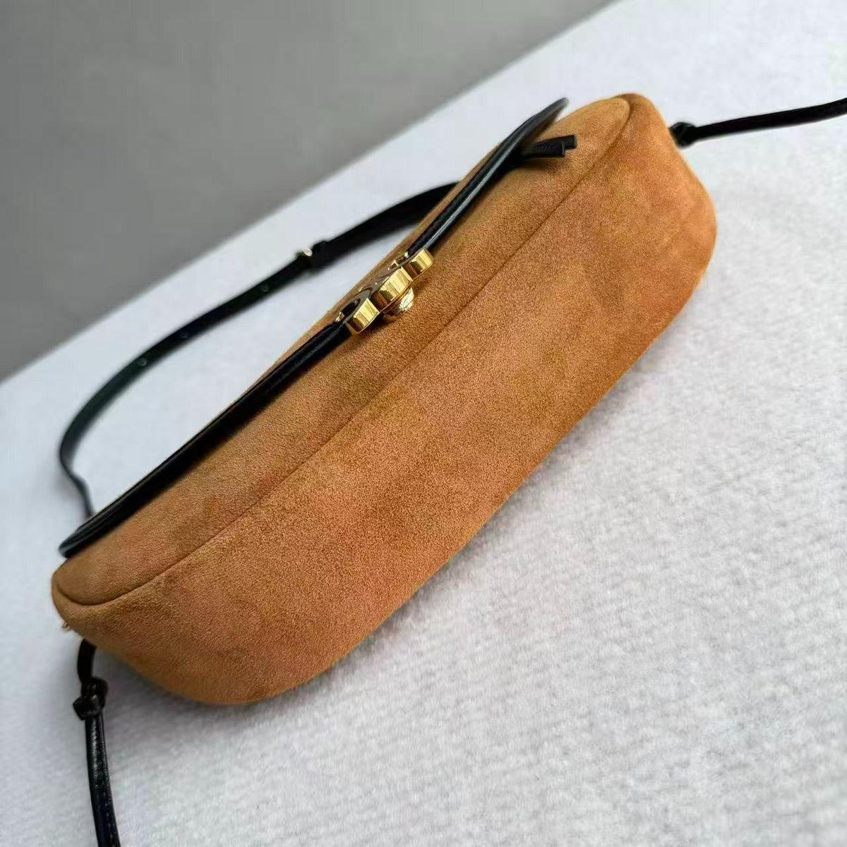 Celine 2026 Little Halfmoon Soft Triomphe Camel With Black Suede Calfskin