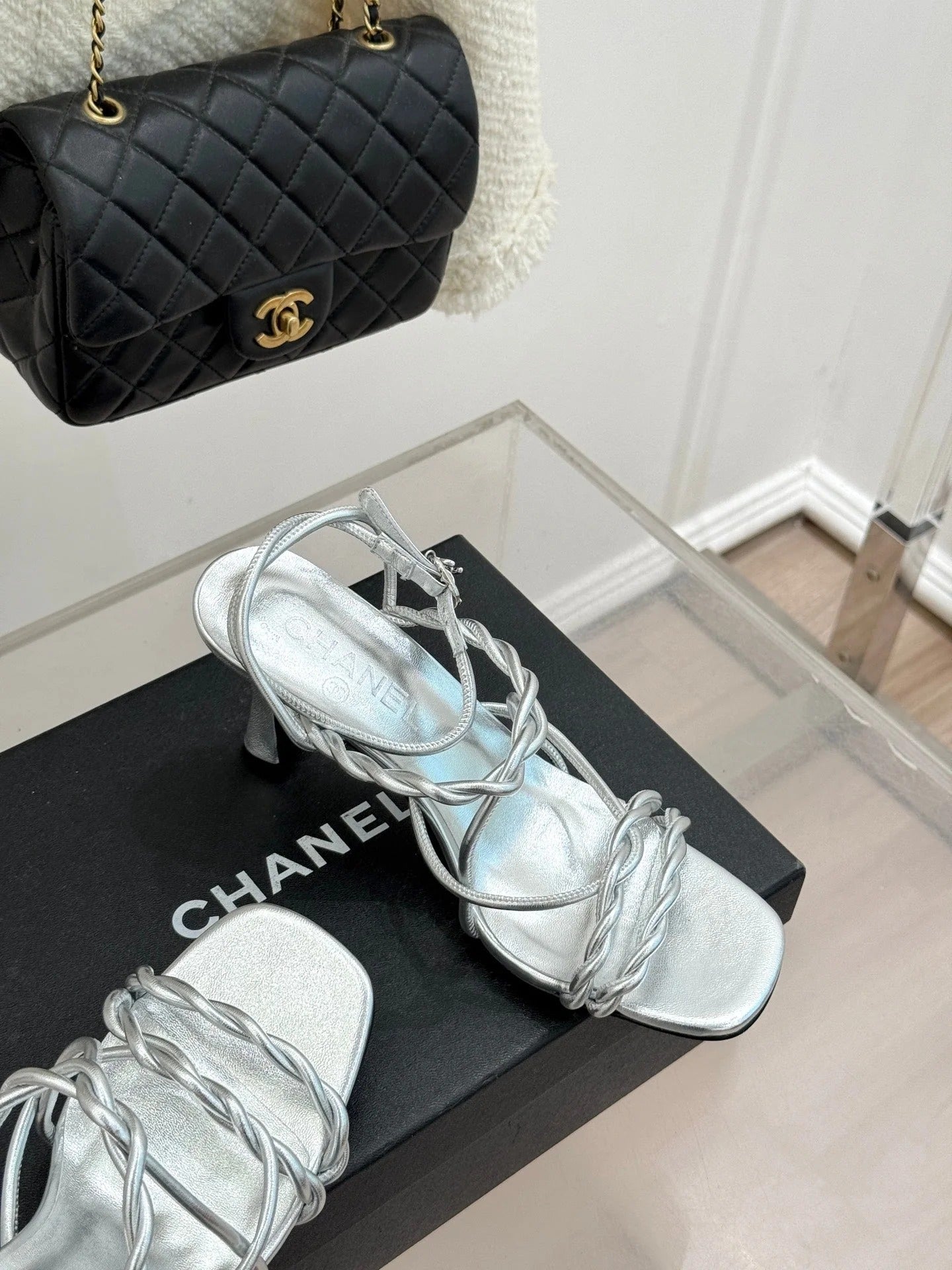 CC 26P Double C Strappy Square Toe High-Heeled 70 Sandals Silver in Cowhide 706346