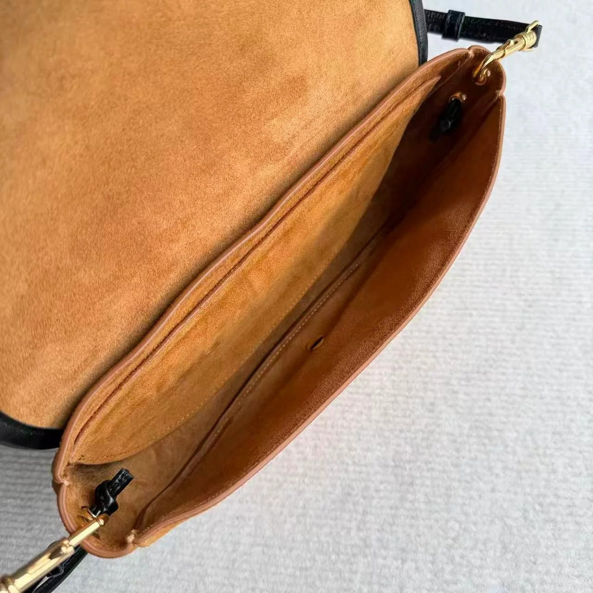 Celine 2026 Little Halfmoon Soft Triomphe Camel With Black Suede Calfskin