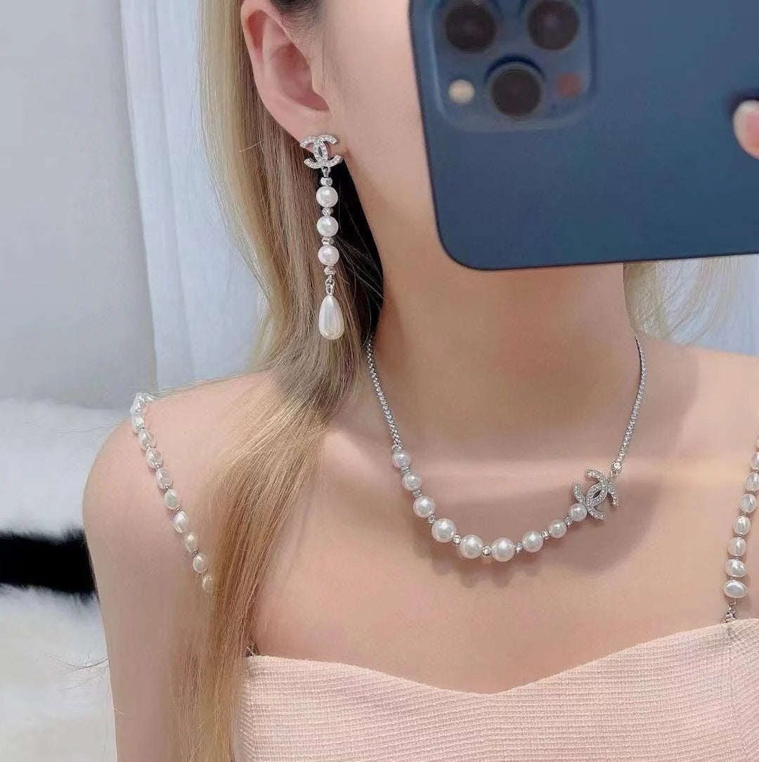 CC Silver Rhinestone Double C Tassel Pearl Earrings