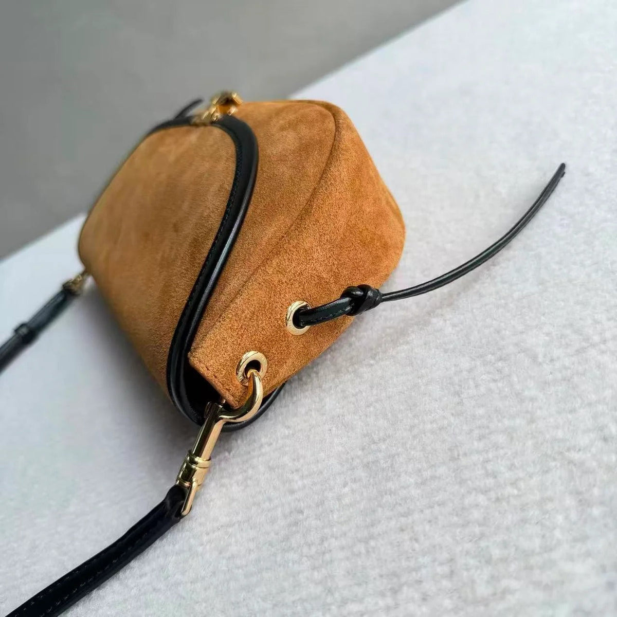 Celine 2026 Little Halfmoon Soft Triomphe Camel With Black Suede Calfskin