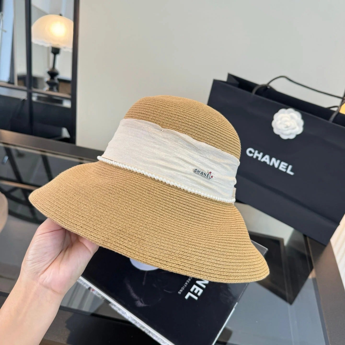 Chanel Bow Pearl Straw Hat 400895
