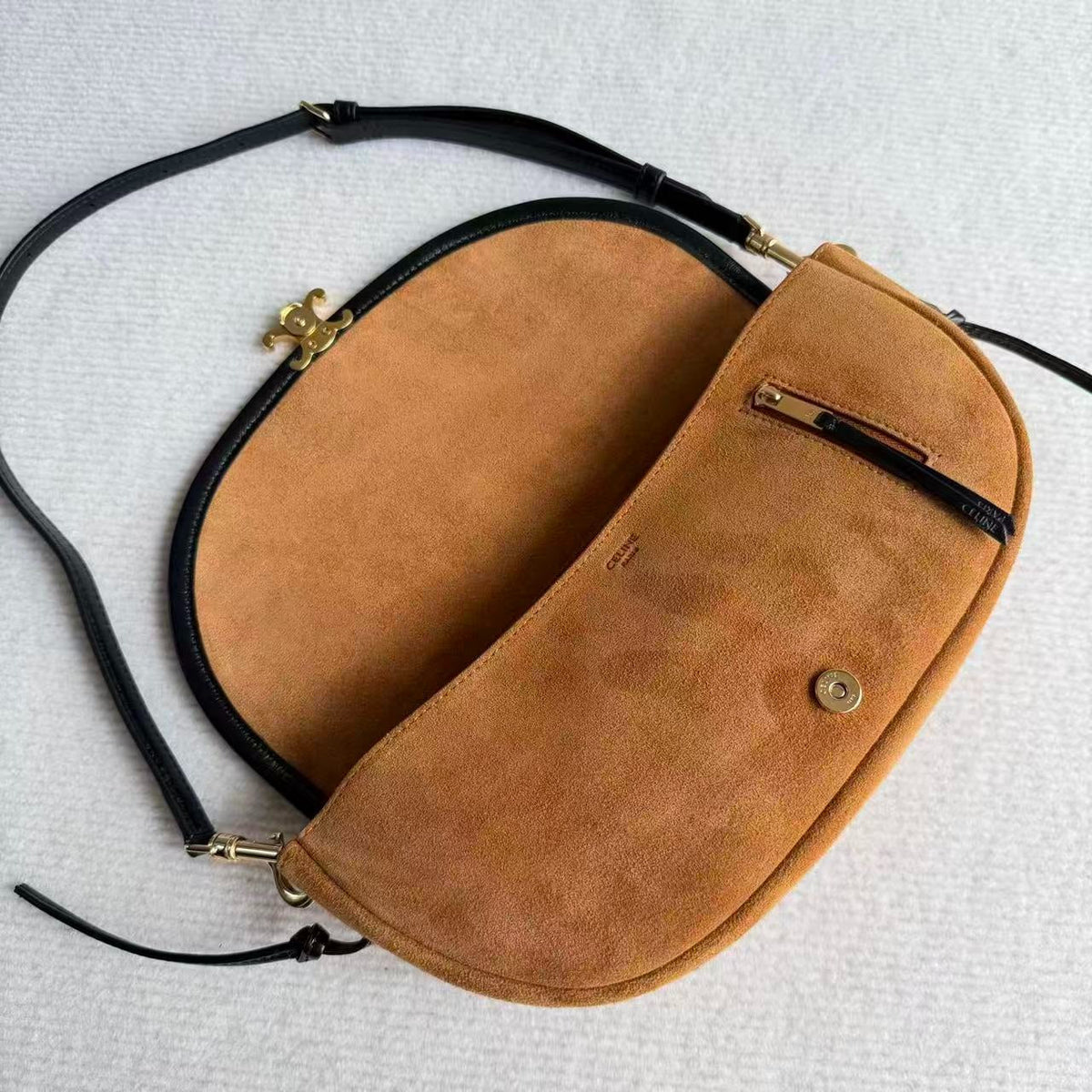 Celine 2026 Little Halfmoon Soft Triomphe Camel With Black Suede Calfskin