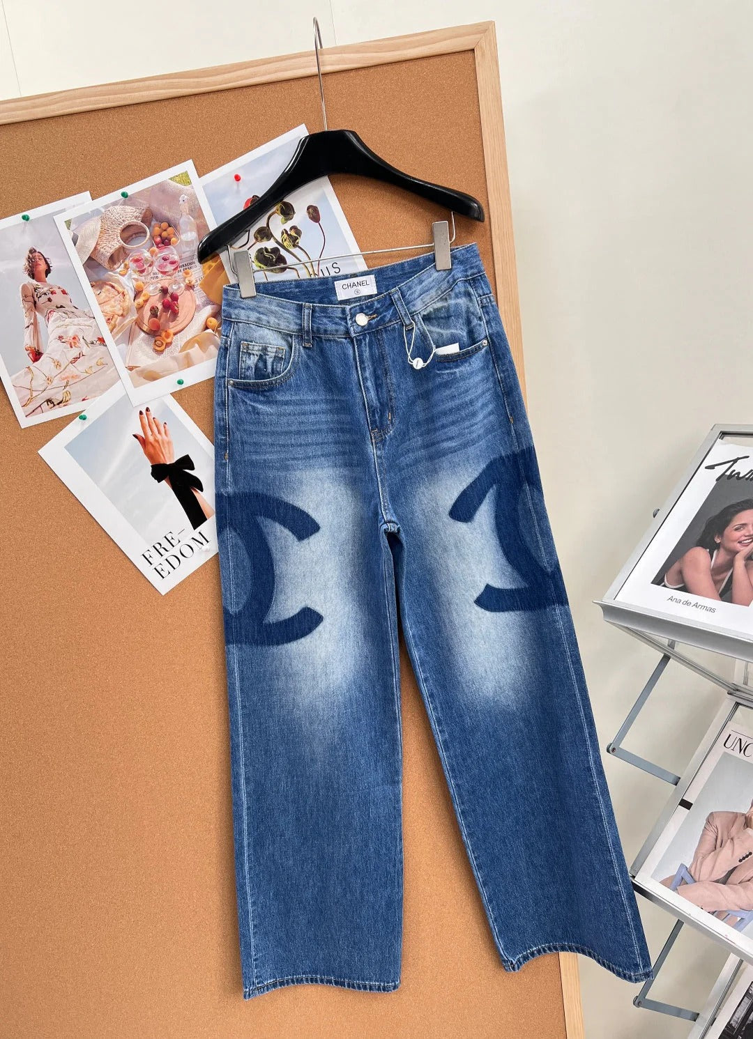 Chanel 26 Double C Logo Straight Leg Pants Blue in Cotton 298254