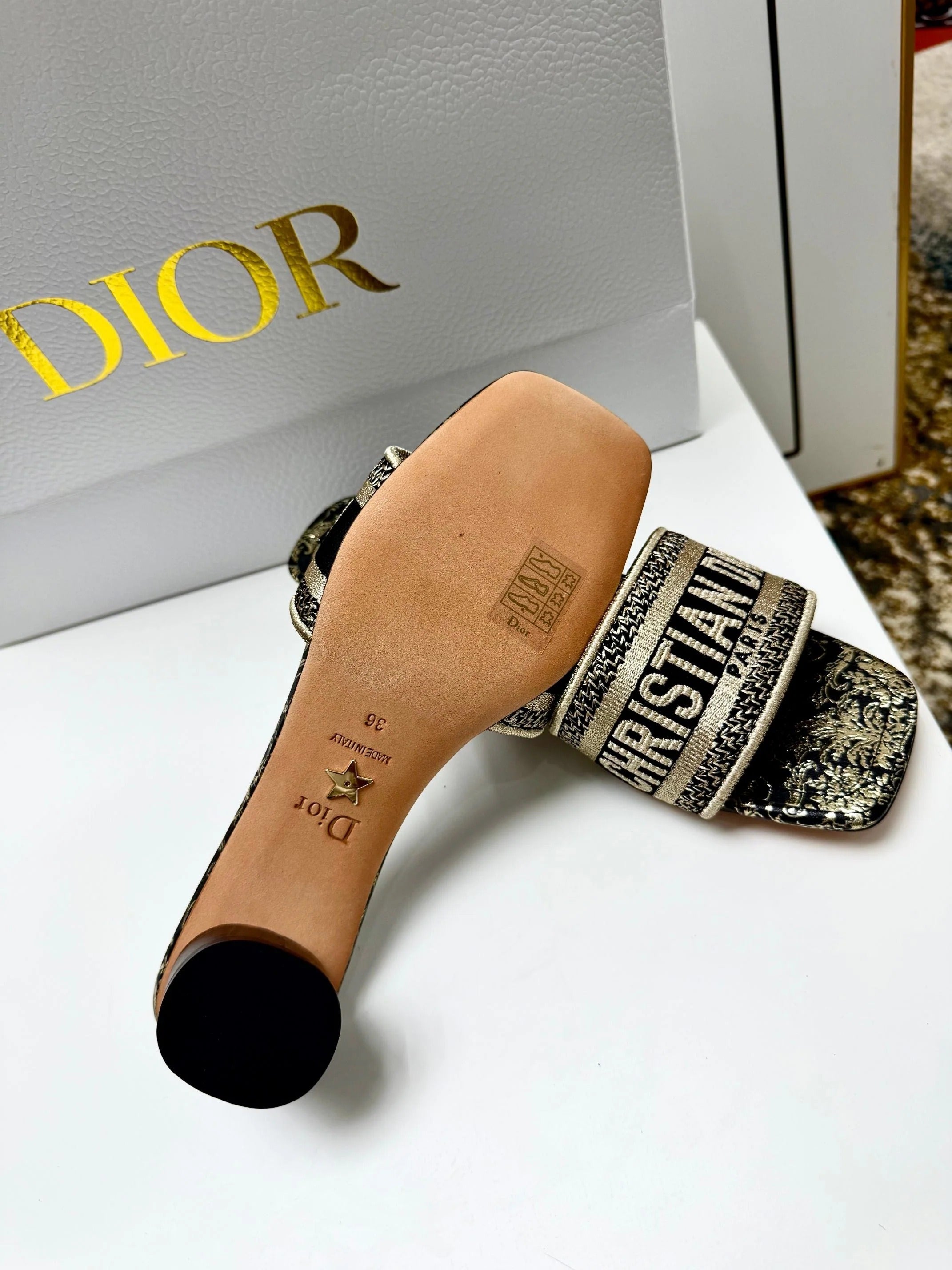 CD 26s Embroidered Sandals White Gold Genuine Leather 683023