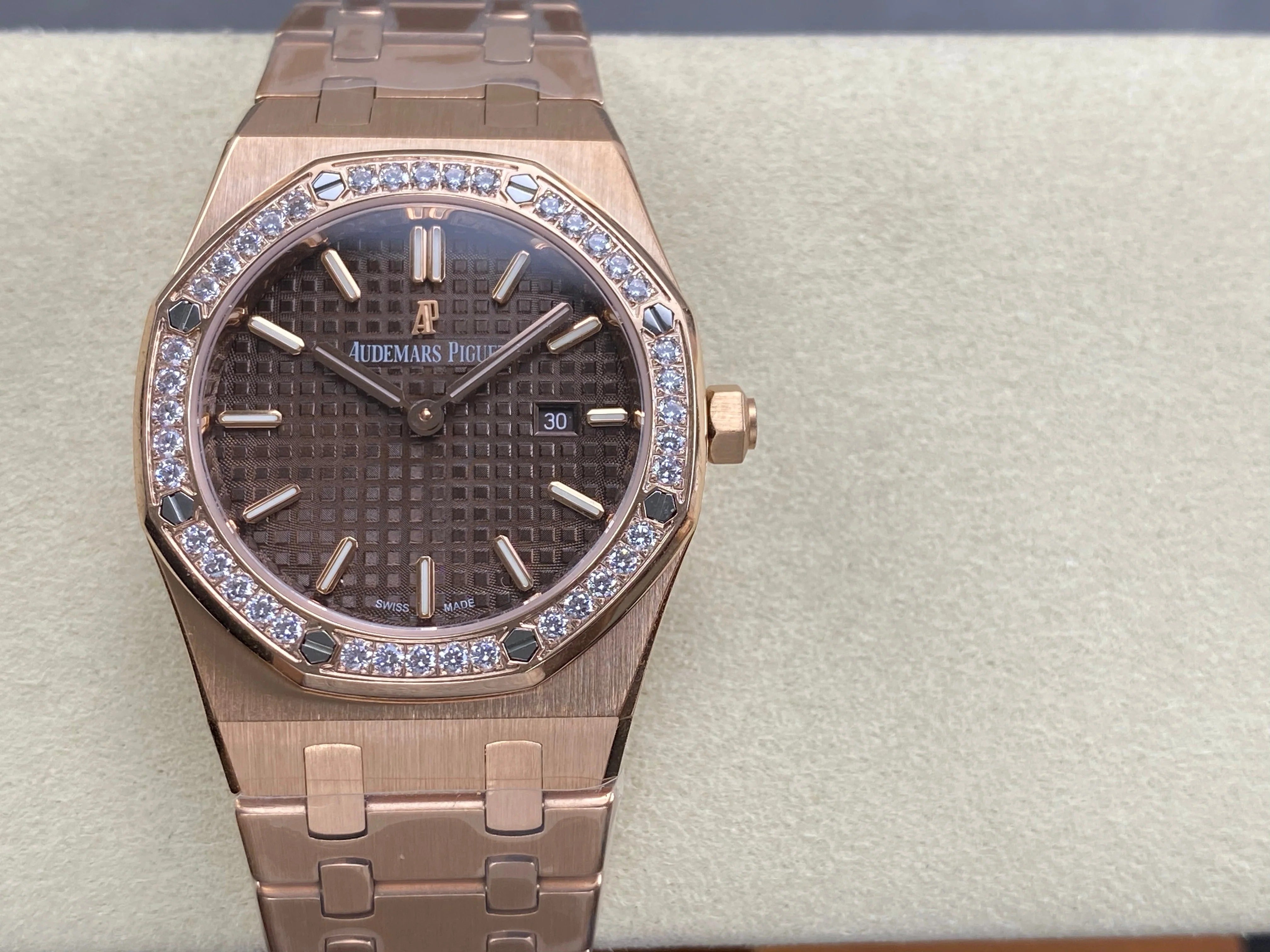 Audemars Piguet Royal Oak 33mm Pink Gold Case Brown Dial Diamond Bezel