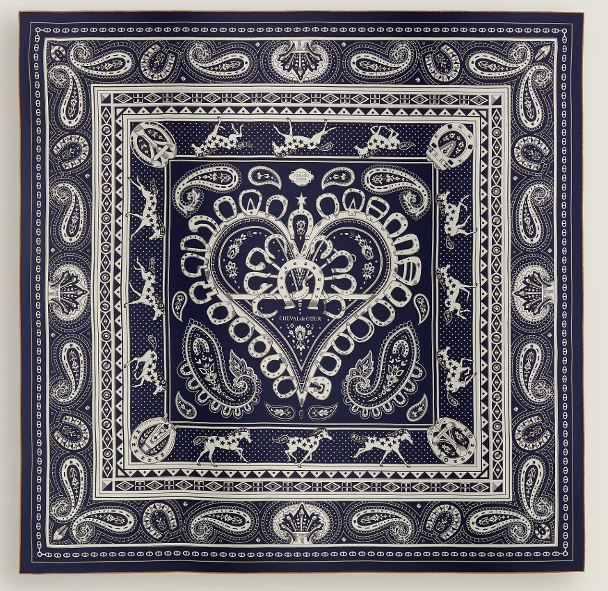 Hermès Cheval de Coeur Bandana Scarf Blue 140 In Cashmere And Silk