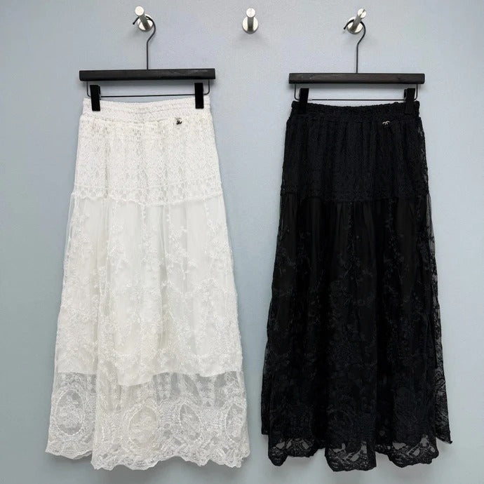 Chanel 2026 Lace Embroidery Midi Skirt Cotton 372978