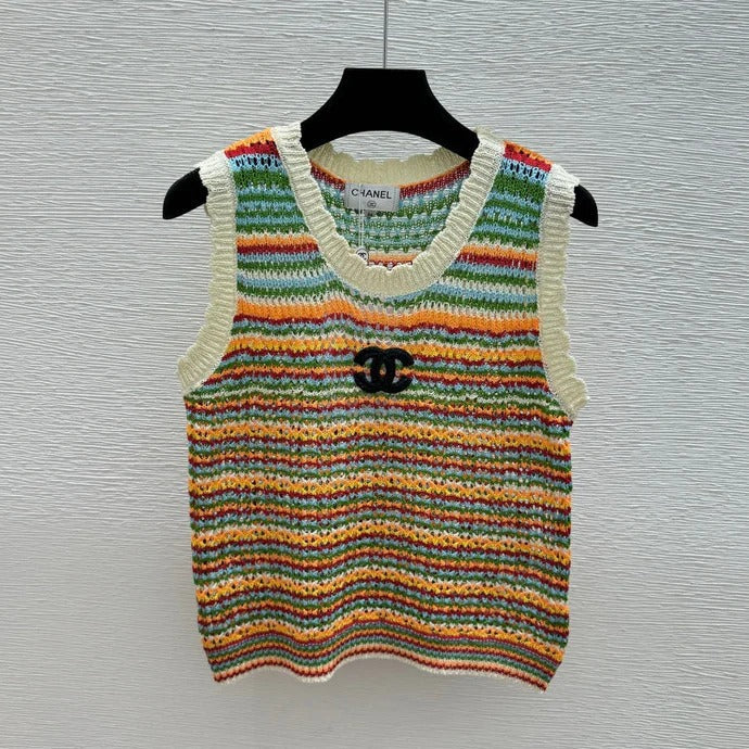 Chanel 2026 Color Block Striped Hollow-Out Crew Neck Knitted Vest 341401