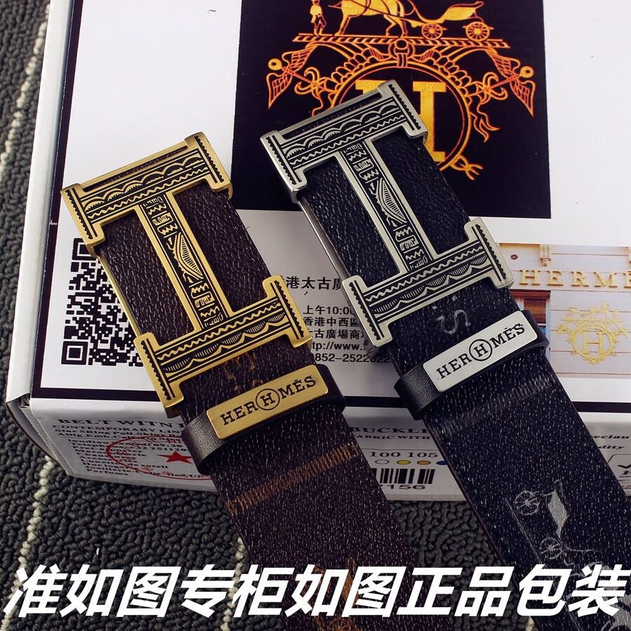 HM Double-sided Belt 38mm Black Cowhide Gold Buckle 620361