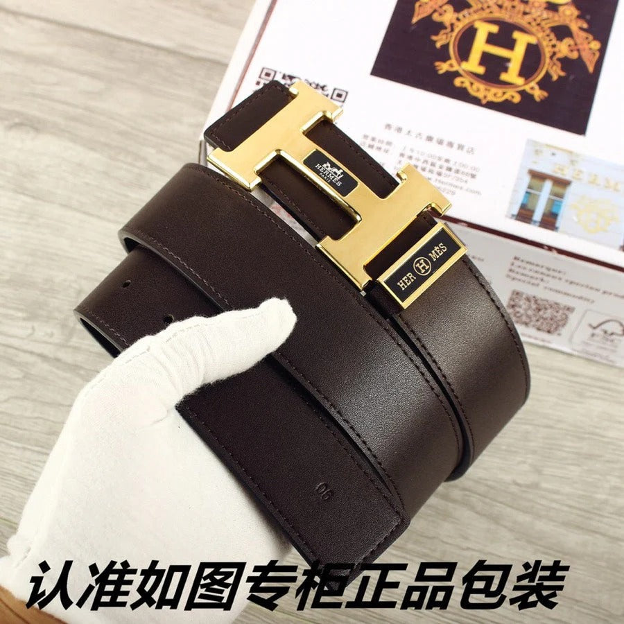 HM Double-sided Belt 38mm Black Cowhide Gold Buckle 620361