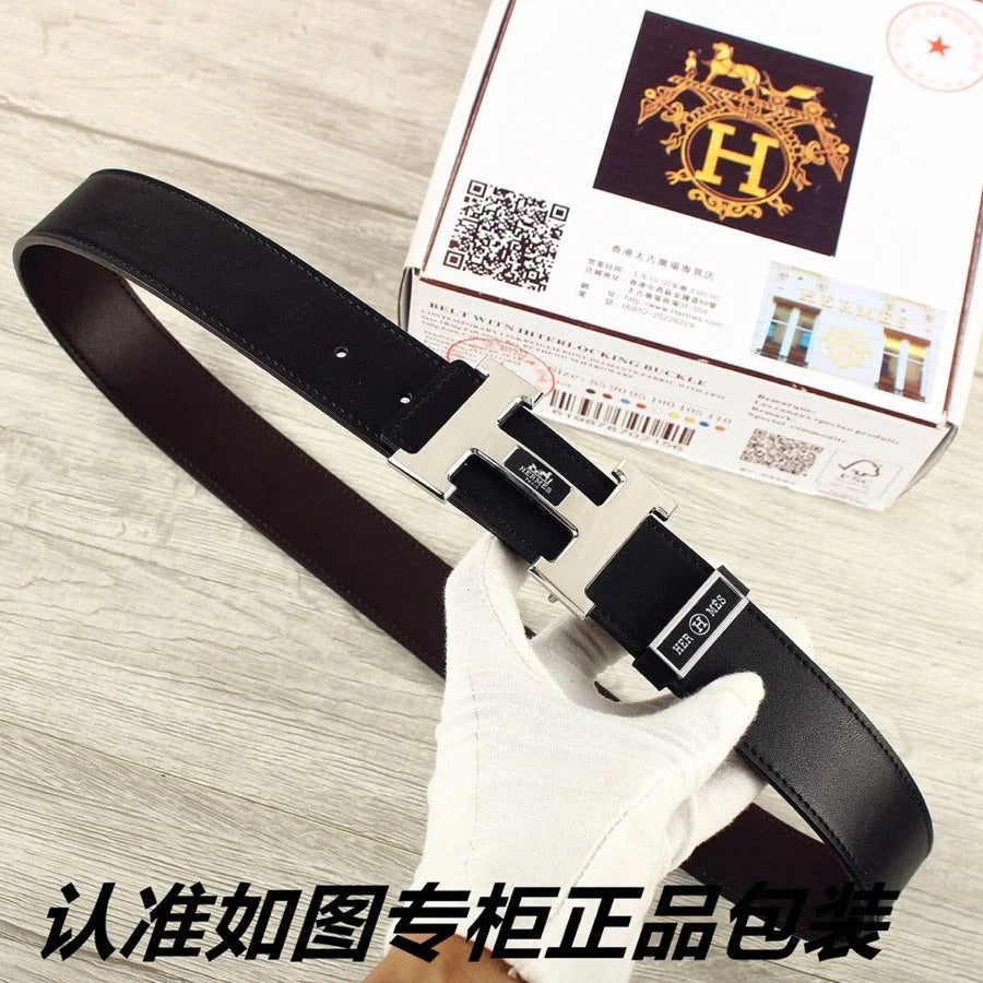 HM Double-sided Belt 38mm Black Cowhide Sliver Buckle 620362