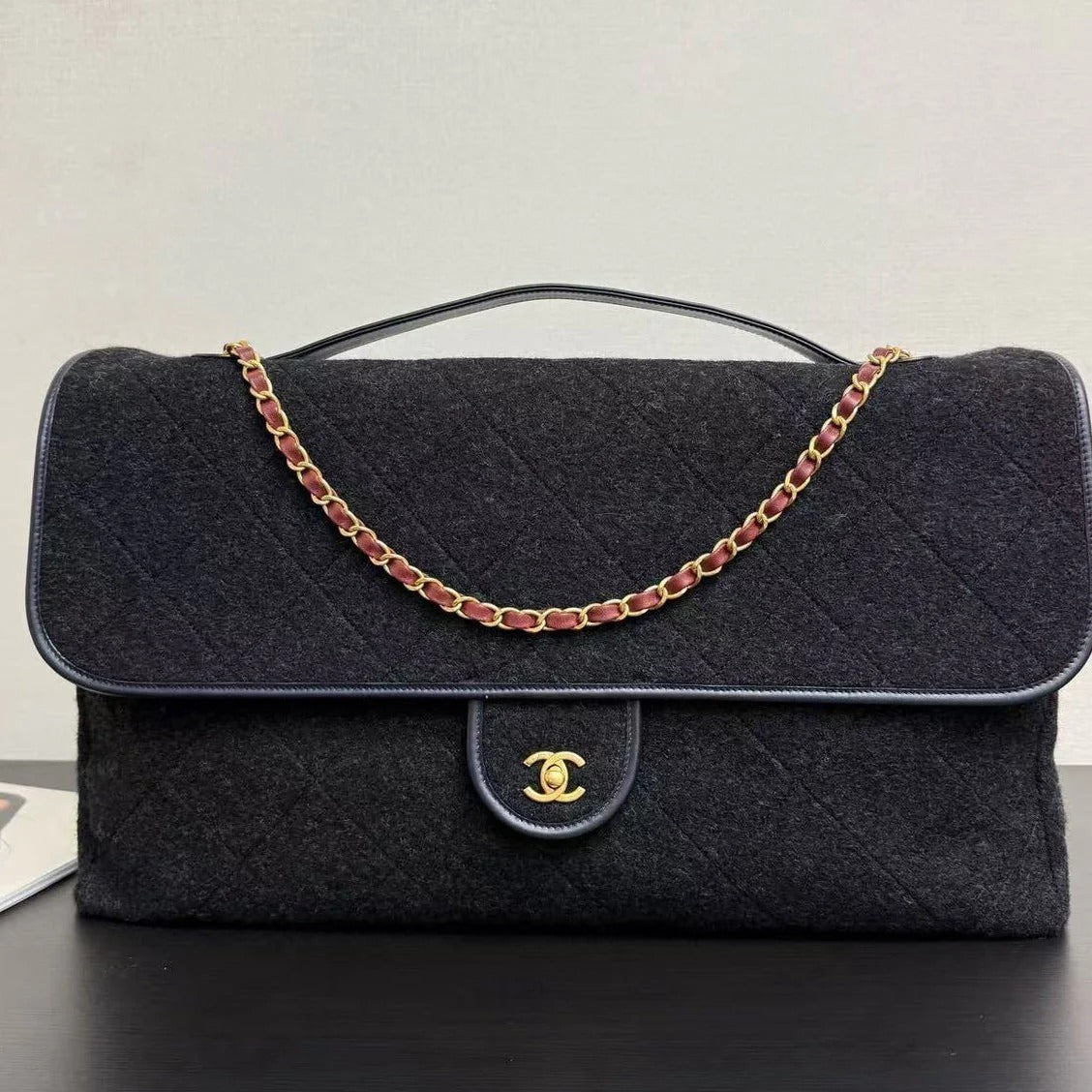 CC 2025 Maxi Flap Bag With Top Handle 56cm Black Wool Leather