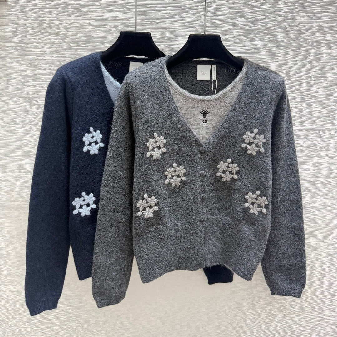 Dior 2026 Floral Faux Two-Piece Round Neck Knitted Long-Sleeve Cardigan Wool