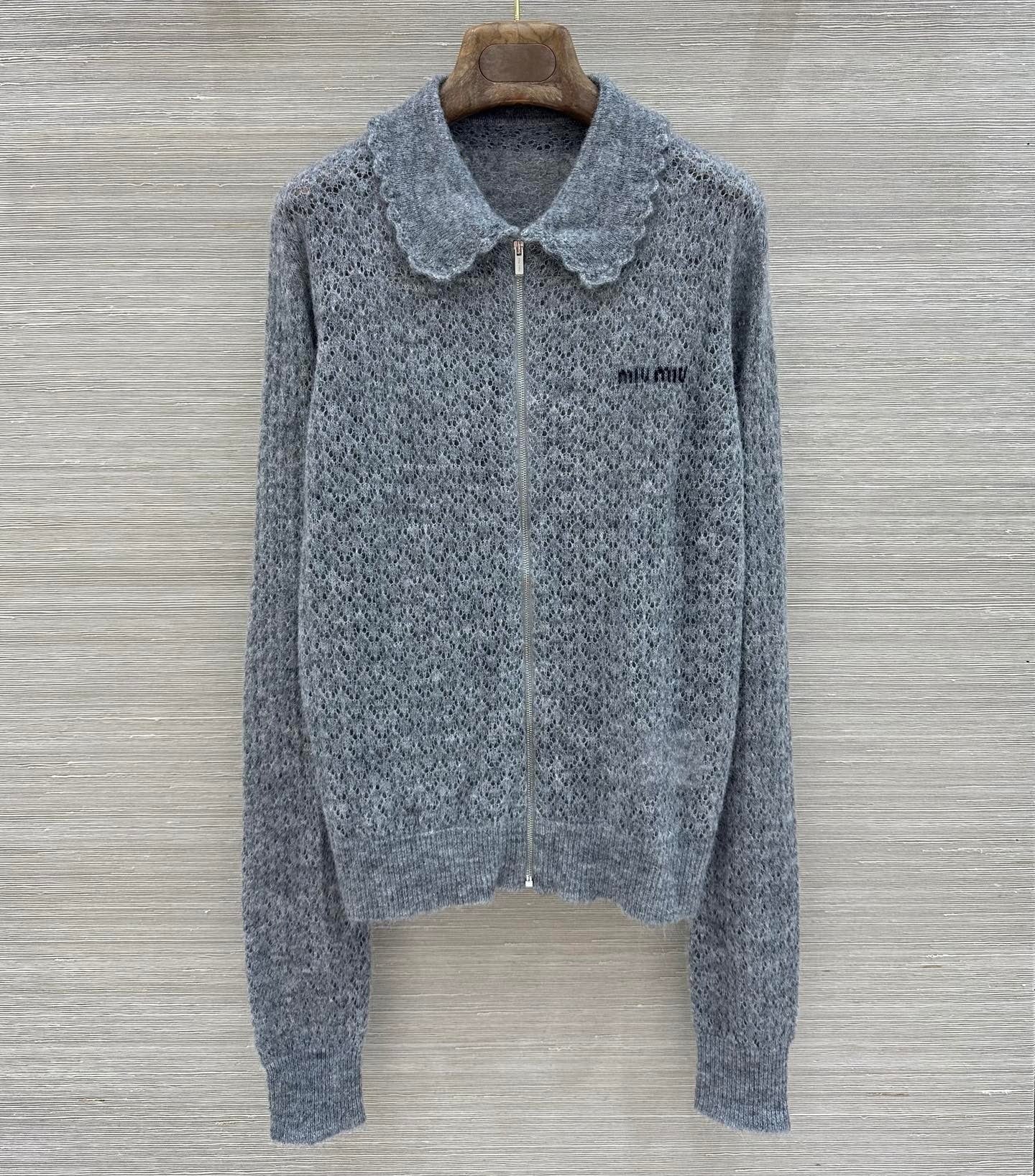 Miumiu 2026 Lace-trimmed Collared Knit Cardigan Grey Wool 837496