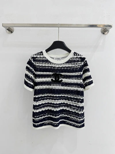 Chanel 2026 Black and White Striped Hollow-Out Knit Short-Sleeve Top Wool 330993