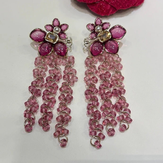 Chanel Double C Pink Purple Flower Beaded Tassel Earrings