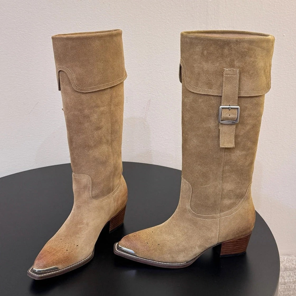 Celine 2026 Buckle Strap Knee-High Boots Cowhide Suede 104476