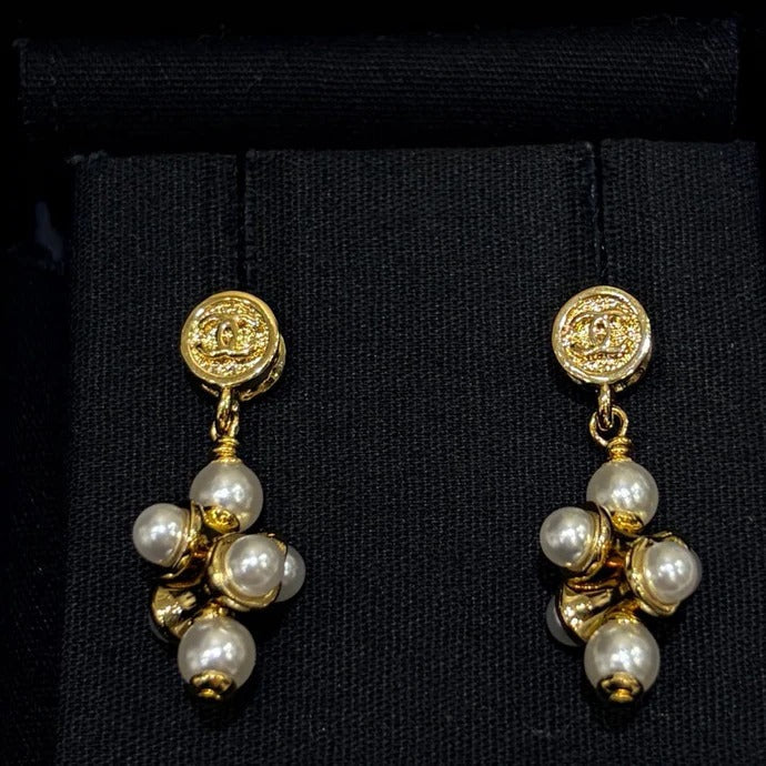 Chanel 2026 Silver Double C Pearl Flower Earrings