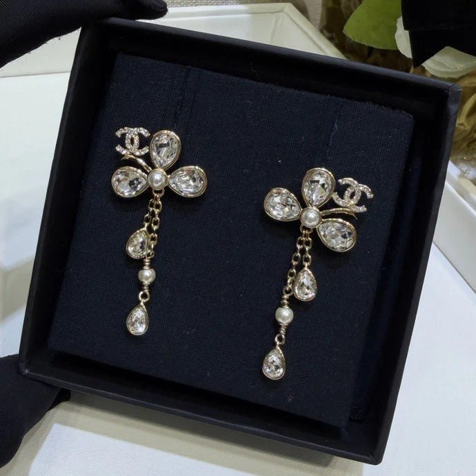 Chanel 2026 Gold Full Diamond Double C Lucky Clover Crystal Earrings