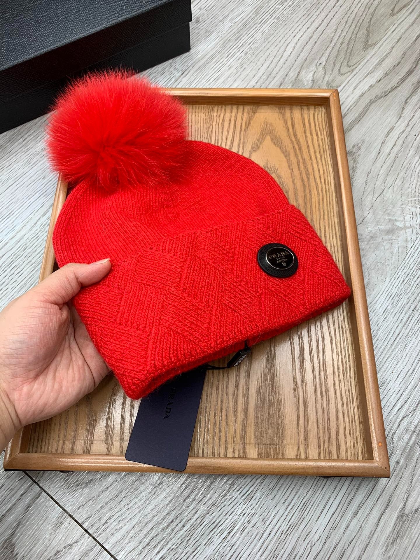 BEANIE HAT IN CHERRY RED WOOL AND RABBIT FUR 346718
