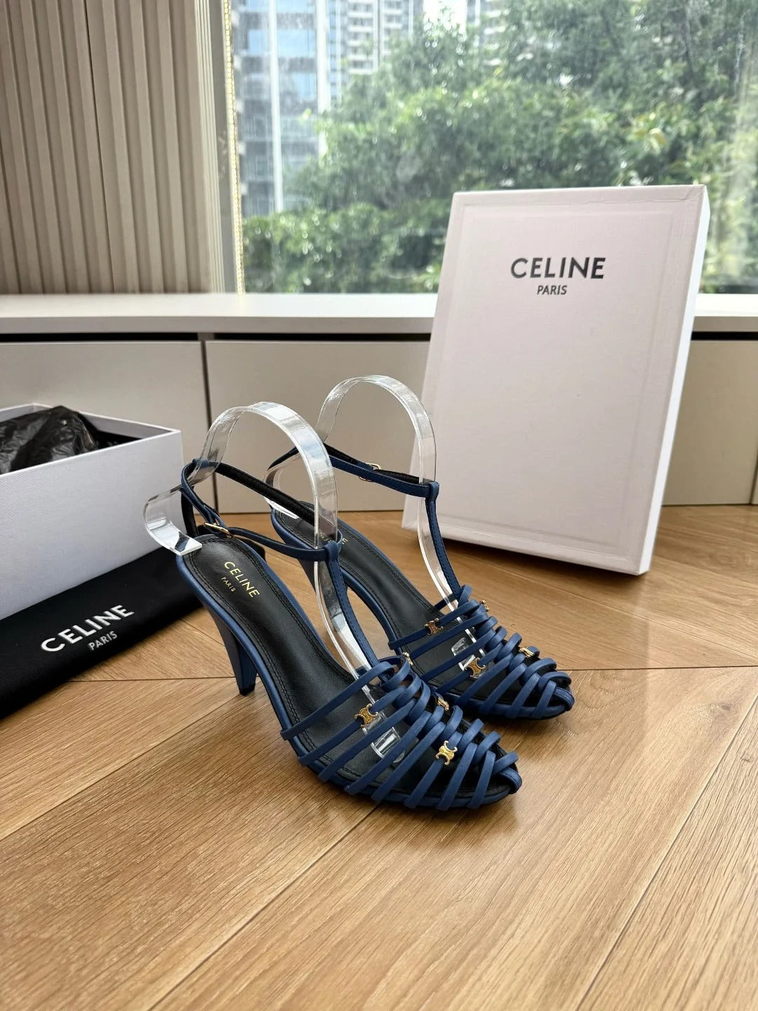 Celine 2026 Cage Heeled Sandals 90mm Blue Leather 995606