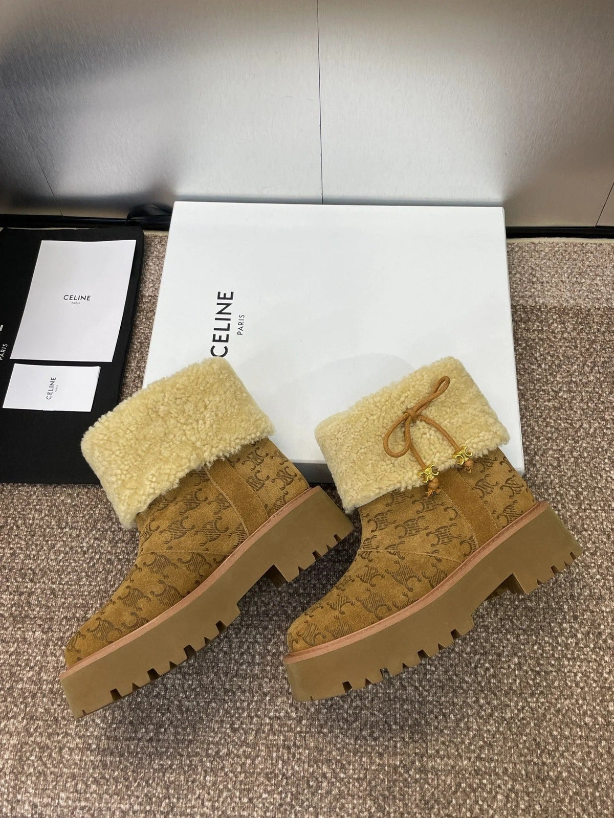 Celine 2026 Bulky Cropped Triomphe Boots Brown Suede 962664