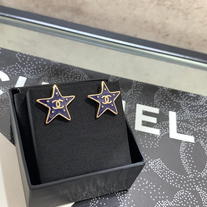 Chanel 2026 Gold Double C Blue Enamel Five-Pointed Star Earrings