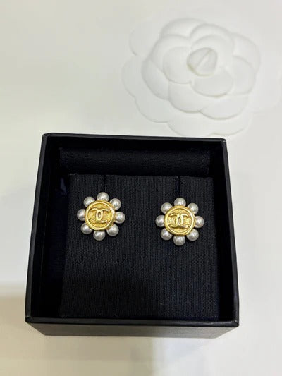 Chanel 2026 Double C Gold Bean Pearl Sunflower Earrings