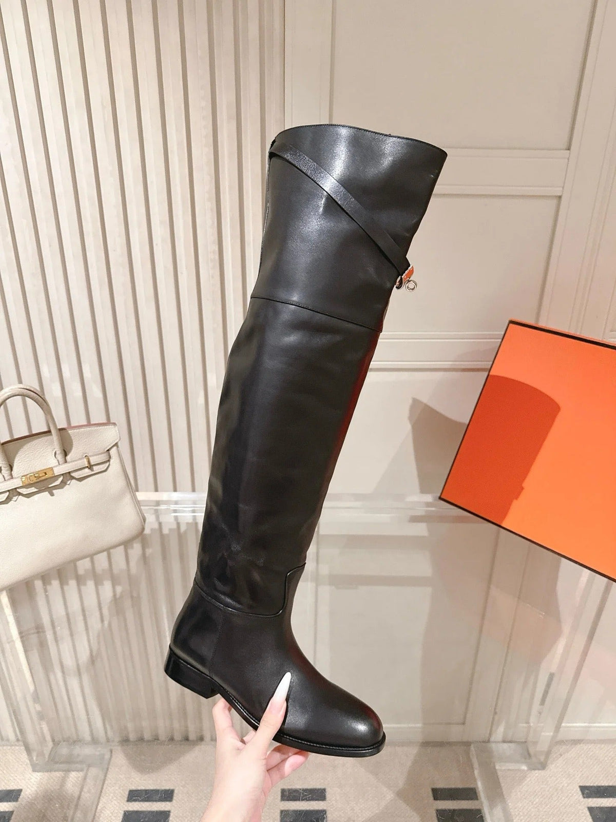 HM 2026 Over The Knee Boot Black Leather With Silver Buckle