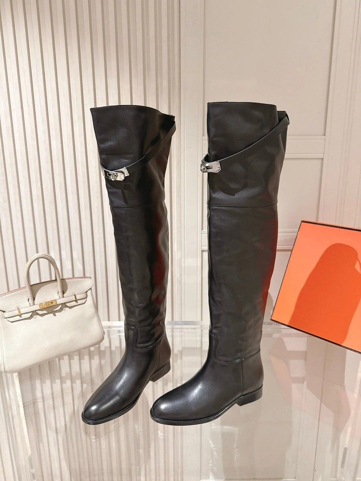 HM 2026 Over The Knee Boot Black Leather With Silver Buckle