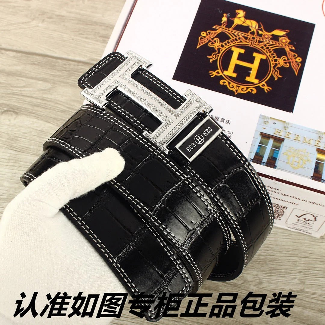 HM Original Belt 38mm Black Crocodile Pattern Sliver Buckle 620265