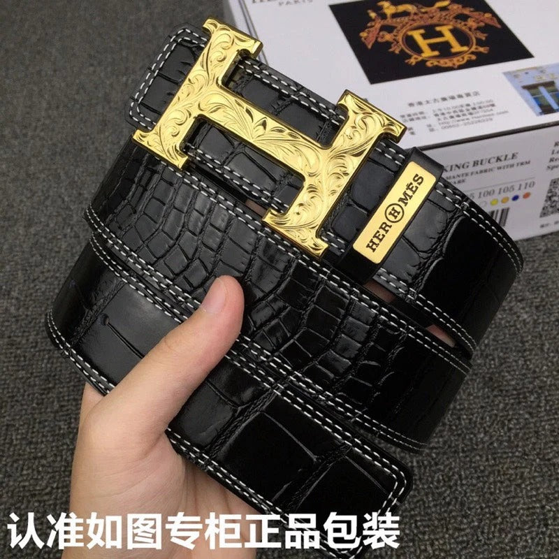 HM Belt 38mm Black Crocodile Leather Gold Buckle 619361