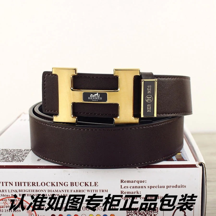 HM Double-sided Belt 38mm Black Cowhide Gold Buckle 620361